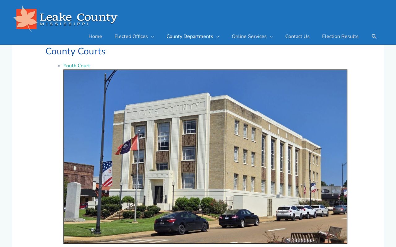 Leake County official courts page showing local court levels
