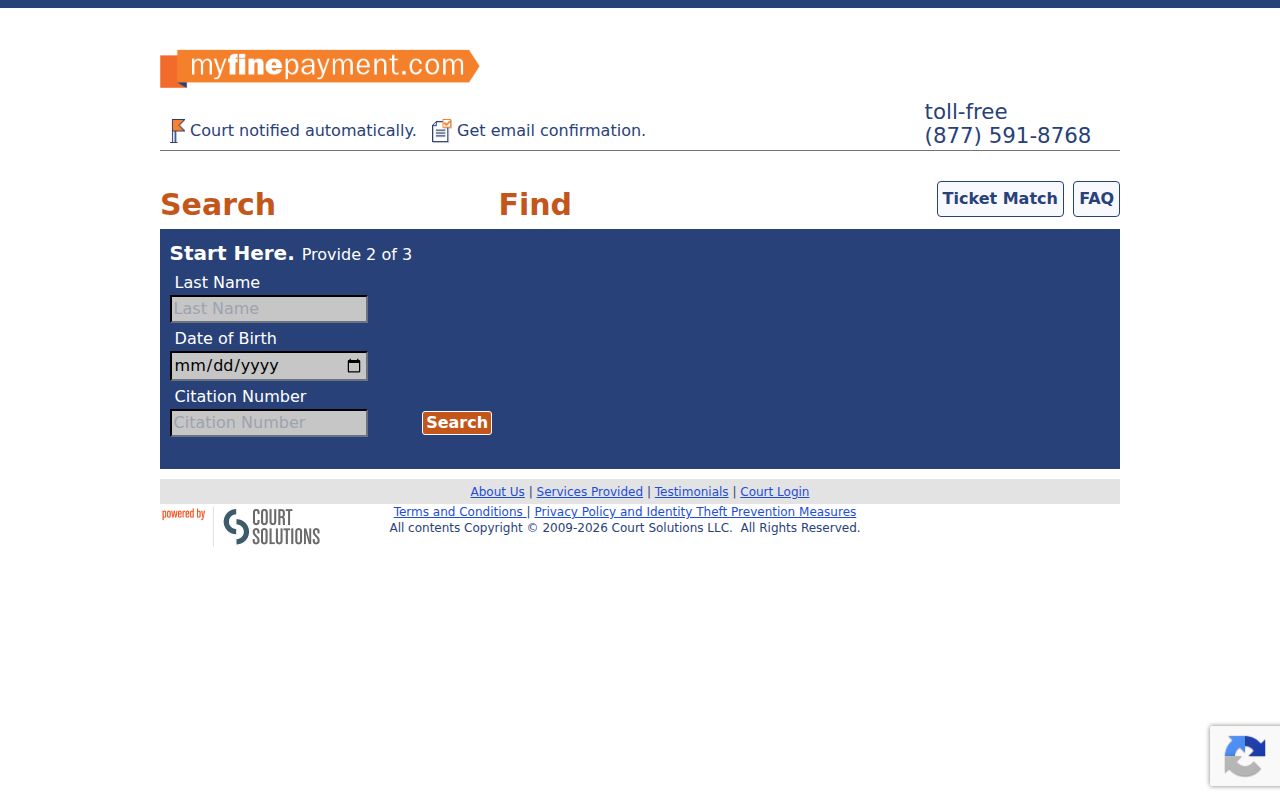 MyFinePayment citation search fields used by Leake County Justice Court